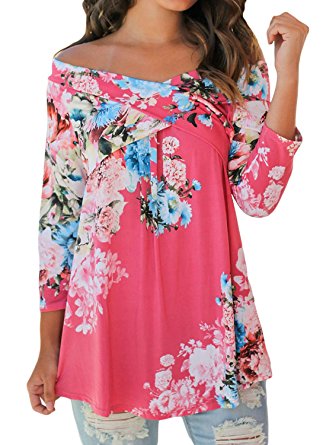 Dokotoo Womens Casual Off Shoulder Drape Floral Print 3 4 Sleeve Blouses Tops (S-XXL)