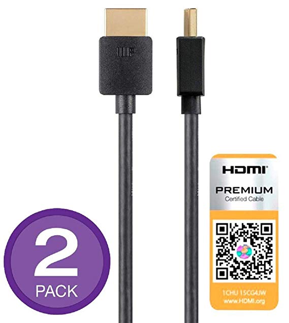 Monoprice High Speed HDMI Cable 2 Pack - 6 Feet - Black | Certified Premium, 4K@60Hz, HDR, 18Gbps, 34AWG, YUV 4:4:4 - Ultra Slim Series