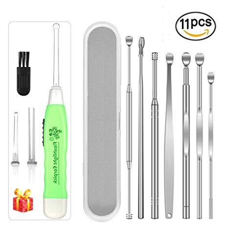 Ear Pick Ear Curette Earwax Pick Removal Tool Kit 11 Pcs, HOOFUN Stainless Steel Ear Hygiene Care Sets with Led Flashlight and Storage Box