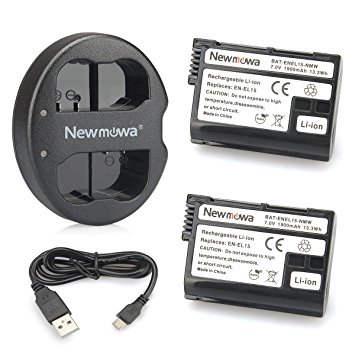 Newmowa EN-EL15 Battery (2 pack) and Dual USB Charger for Nikon EN-EL15 and Nikon 1 V1, D600, D610, D750,D800, D800E, D810, D7000, D7100,D7200