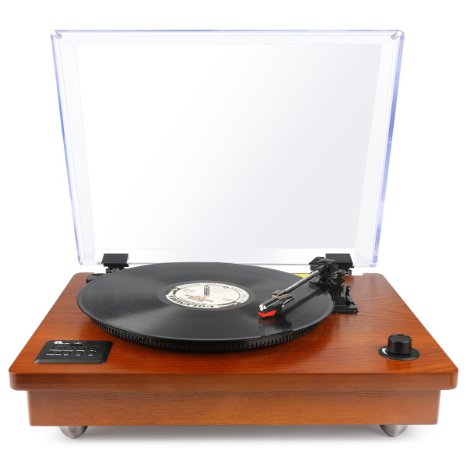 1byone Belt Driven Bluetooth Turntable with Built-in Stereo Speaker Vintage Style Record Player Vinyl-To-MP3 Recording Natural Wood