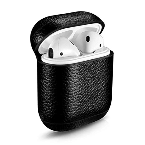 Leather Case Cover with Strap for AirPods,CLETO Leather Portable Protective Shockproof Cover for Apple AirPods Charging Case-Black（with Key Ring）