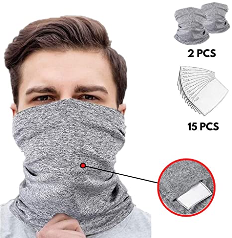 Powerdelux 2PCS Neck Gaiter Bandana Face Scarf with 15PCS Filters Sun Protection Cool Lightweight Breathable Dust-Proof for Fishing Hiking Running Cycling Silver