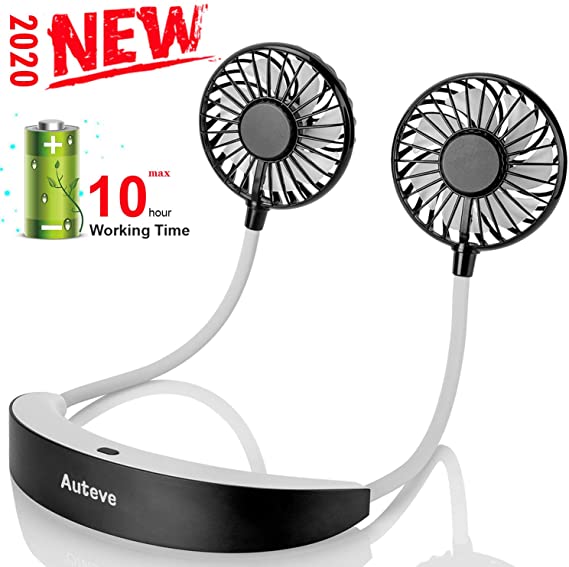2020 New Hand Free Personal Fan, Auteve Portable Neckband Mini Fan - 7 Blade Dual Fans, 5200mAh USB Rechargeable Battery, 10H Working, 3 Speeds, 360 Degree Adjustment, for Workout Sports Travel Camping (Grey)