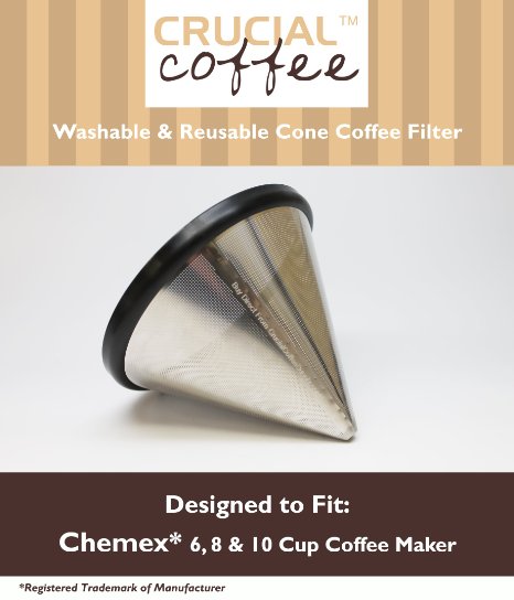 Washable and Reusable Stainless Steel Cone Coffee Filter Fits Chemex 6 8 and 10 Cup Coffee Makers Designed and Engineered by Crucial Coffee