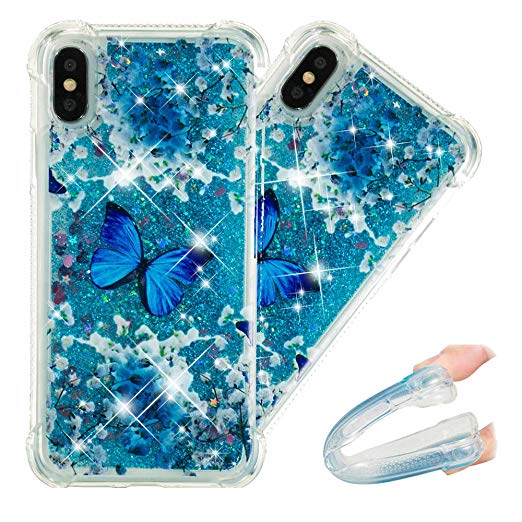 HMTECHUS iPhone X 5.8 inch case for Girls 3D Cute Painted Glitter Liquid Sparkle Floating Luxury Quicksand Shockproof?Protective Diamond Silicone Slim Cover for iPhone XS 2018 -Bilng blue butterfly YB