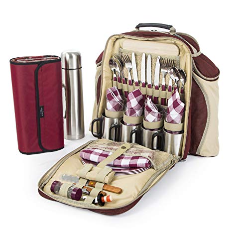 Greenfield Collection Super Deluxe Mulberry Red Picnic Backpack Hamper for Four People with Matching Picnic Blanket
