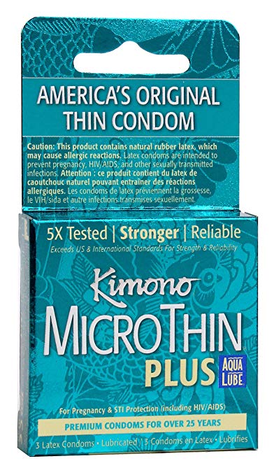 Kimono MicroThin, Aqua Lube, Ultra Lubricated, 3 Latex Condoms, from Kimono
