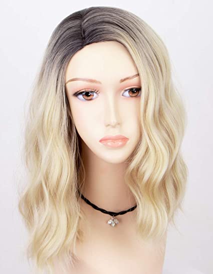 Persephone 2020 Ombre Blonde Bob Wig Synthetic Fiber Short Wavy Wigs for Women Glueless 2 Tones 613 Hair Replacement Wigs with Brown Roots Heat Resistant