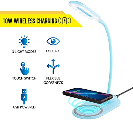 INSTEN LED Desk Lamp w/10W Fast Wireless Charging, Eye-Caring Table Bedside Light 3 Color Mode Touch Control, Charger Compatible with iPhone X/XS Max, Samsung Galaxy S10, All Qi-Enabled Devices, Blue