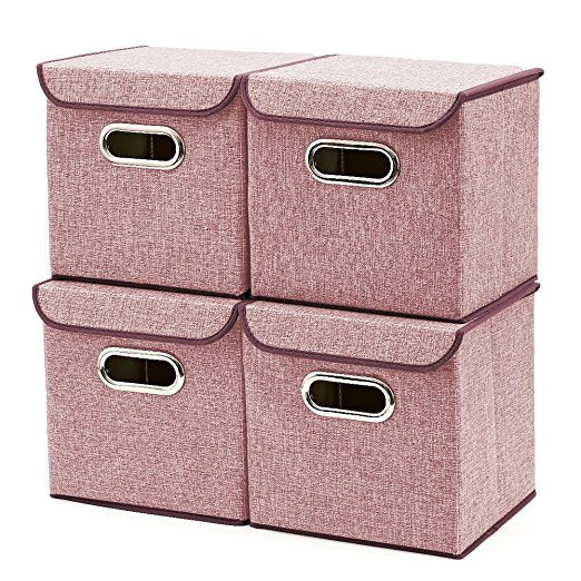 Storage Boxes [4-Pack] EZOWare Linen Fabric Foldable Basket Cubes Organizer Bin Box Containers Drawers with Lid - Wine For Office Nursery Bedroom Shelf