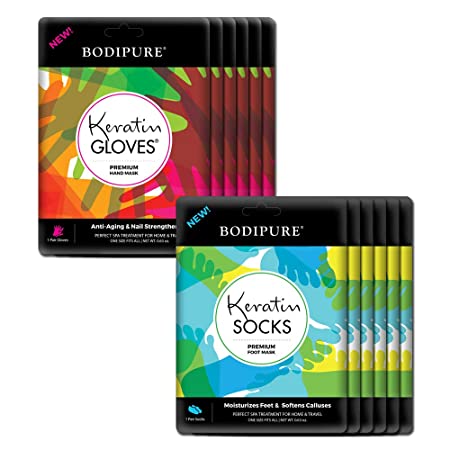 6 6 Keratin Gloves & Socks Premium Hand Treatment & Foot Treatment Masks by Bodipure for Dry Hands & Soft Feet -Nail Strengthening & Skin Nourishing.
