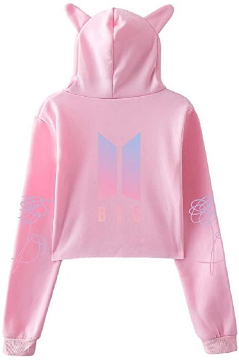 FridayLead BTS Love Yourself Hoodie Kpop Long Sleeve Cropped Hoodies Pink Printing Women Cat Hooded