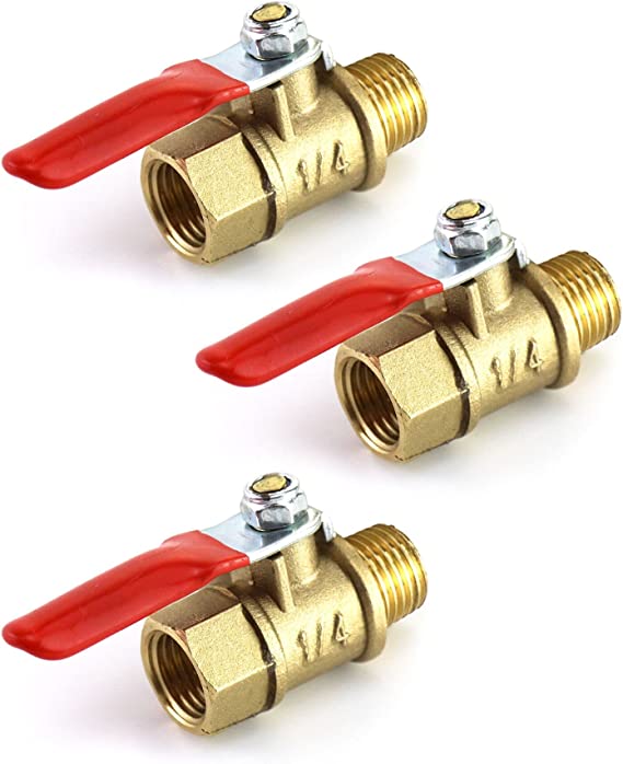 QWORK Ball Valve, 3 Pcs 1/4" Heavy Duty Brass Ball Valve Shut Off Switch, 1/4" Male x Female NPT Thread Pipe Fitting Air Compressor Shut Off Valve