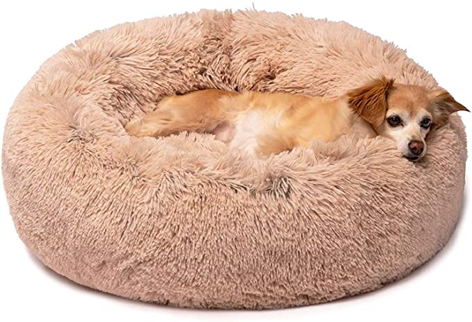 Long Plush Comfy Calming & Self-Warming Bed for Cat & Dog, Anti Anxiety, Furry, Soothing, Fluffy, Washable, Abbyspace, Marshmellow Pet Donut Bed(L)