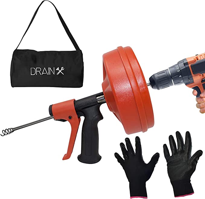 DrainX SPINFEED 35 Foot Snake Drum Auger | Drill Power or Manual Use - Auto Extend and Retract Snake | Work Gloves and Storage Bag Included
