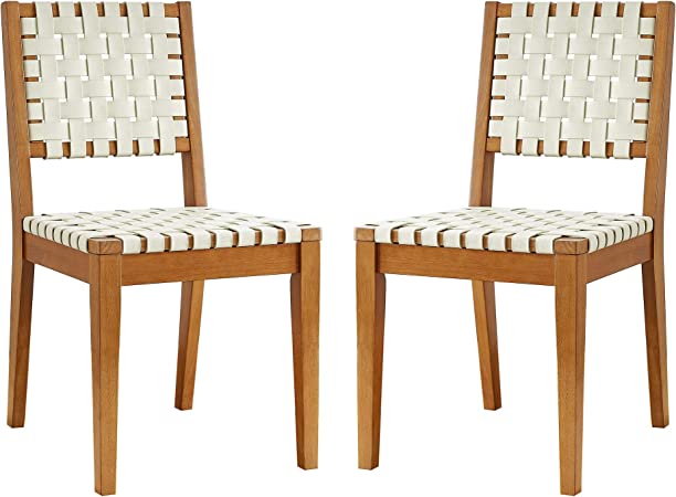 Amazon Brand – Rivet Faux Leather Woven Dining Chair with Wood Frame, Set of 2, 18"W, Light Beige