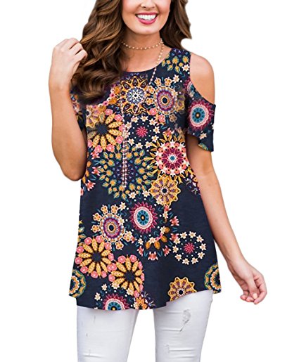 Webury Casual Swing Tunic Blouse Short Sleeve Floral Printed Cold Shoulder Tops for Women with Leggings