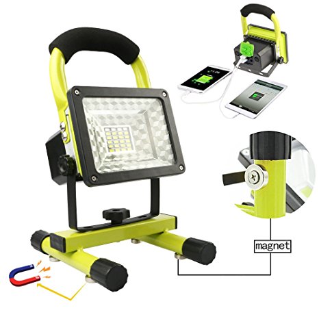 Rechargeable Work Lights with Magnetic Base - 15W 24LED Waterproof Outdoor Camping Lights, Built-in Lithium Batteries, 2 USB Ports to Charge Mobile Devices, Emergency Flashing Modes (Green)