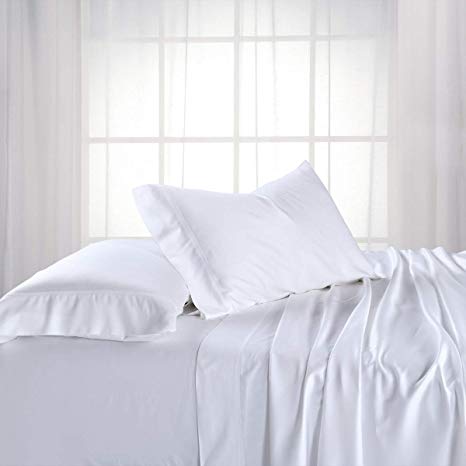 Royal Tradition Exquisitely Lavish Body Temperature-Regulated Bedding, 60% Bamboo Viscose/ 40% Plush Cotton, 300 Thread Count, 4 Piece Queen Size Deep Pocket Silky Soft Sheet Set, White