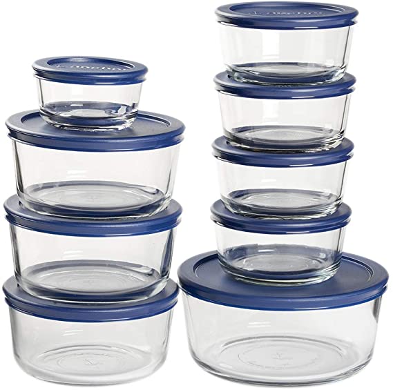 Anchor Hocking 18 Piece Round Glass Food Storage Navy BPA-Free SnugFit Lids, Space Saving Meal Prep Containers