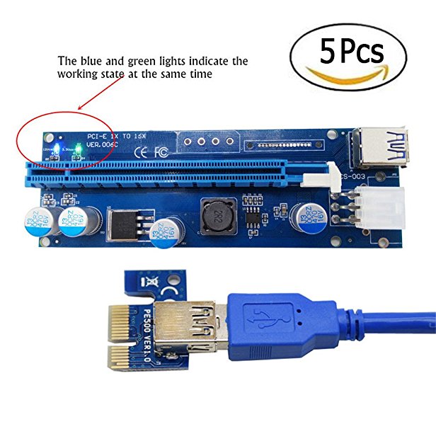 5Pcs VER006C PCIE Express Riser Card 1x to 16x USB 3.0 Data Cable SATA to 6Pin IDE Molex Power Supply With LED Light
