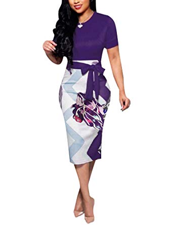 Women's Bodycon Dress Midi Work Casual Floral Prints Pencil Dresses with Belt