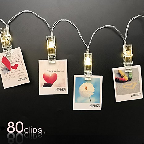 Veesee 80 Led Photo Clips String Lights 33 Feet Pictures Display Light with Clips Battery Powered for Wedding Anniversary Birthday Party Teen Girl Room Happy Birthday Light Wall Decor(Warm White)