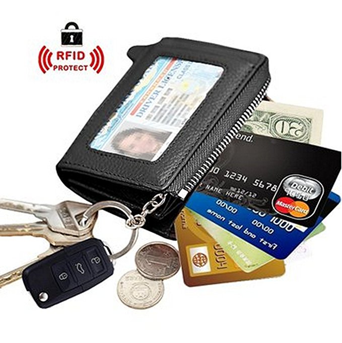 Edmen Zipper Key Wallet Leather Credit Card Case Coins Purse with ID Window