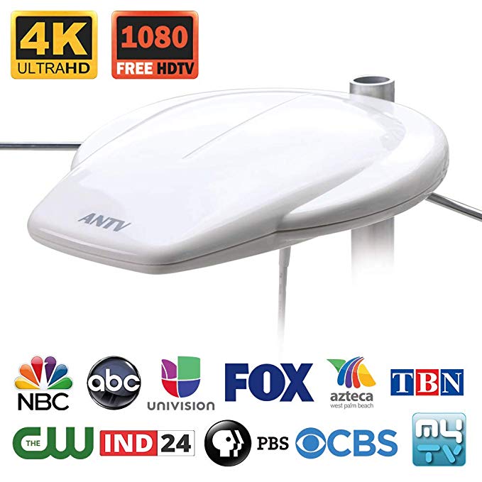ANTV Outdoor HDTV Antenna with 20ft Coaxial Cable, 65 Miles Long Range Signal Receiver, 360 Degree Omni-Direction Reception for Room/Attic/RV/Marine, Detachable amplified booster included, White Color
