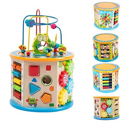 Joqutoys Wooden Activity Cube Multifunction Learning Bead Maze 8 in 1 Educational Toy for Kids Activities Center Small Size