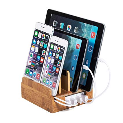 100% Eco Bamboo Compact Charging Station with Included Power Supply and Cable Ties by Great Useful Stuff. Charges All Smart Phones and Tablets