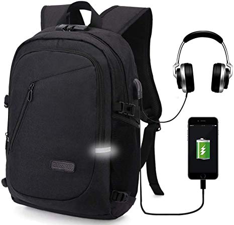 Travel Backpack,Anti Theft Water Resistant College School Bookbag for Women Men,Business Laptop/Compute Backpack with USB Charging Port & Headphone Interface Fits 15.6 Inch Laptop & Notebook,Black