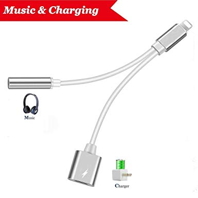 ETUCRAY Headphone mm Adapter,Dongle to 3.5mm Jack Earphone Connector Convertor 2 in 1 Accessories Audio Cables Car Charge Music for iPhone X/XS 8/8Plus 7/7 Plus Support for All iOS -Silver