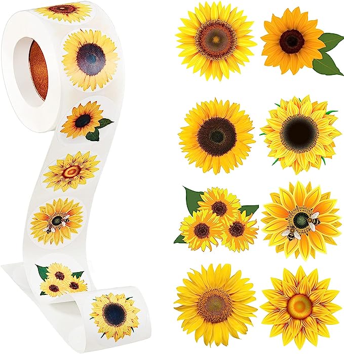 Sunflower Stickers 1.5 Inch Labels with 8 Sunflower Patterns Stickers Rolls Self Adhesive for Summer Christmas Thanksgiving Party Decor Scrapbooking Cards Envelopes (500 Pieces)