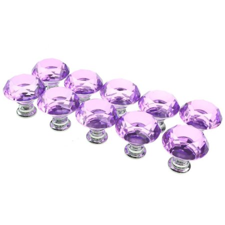 Naturebelle 10pcs Purple 30mm Flat Round Diamond Crystal Glass Cabinet Knobs Cupboard Drawer Pull Handles for Cabinet, Drawer, Chest, Bin, Dresser