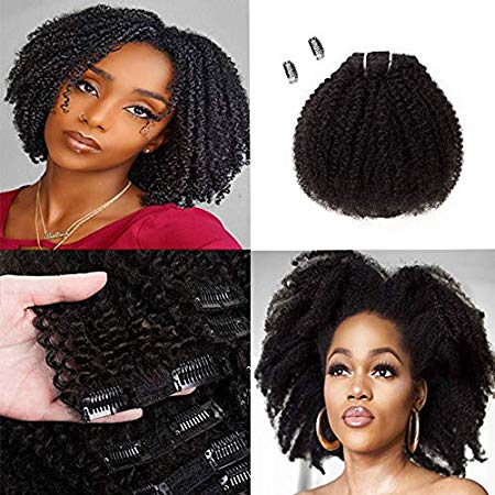 Saga Queen Brazilian Afro Kinky Curly Clip In Hair Extensions 8pcs 18clips 120g/pck Brazilian Virgin Human Hair Clip Ins (1 bundle 8inch, natural black)