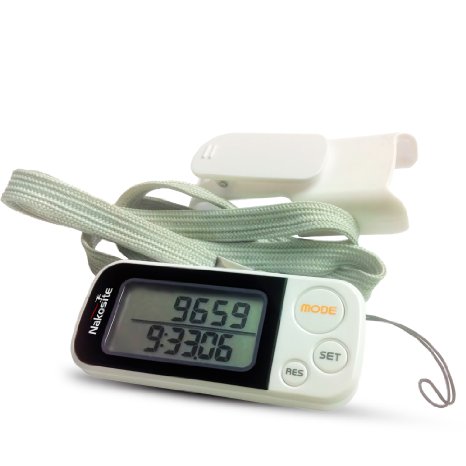 NAKOSITE Best Walking 3D Pedometer with Clip and Strap plus Free eBook 30 Days Memory not 7 Accurate Step Counter Walking Distance Monitor in Km and Miles Calorie Counter Exercise Time Daily Progress Tracker Tri-Axis Technology White Easy to read Display BONUS eBook 365 Days Warranty