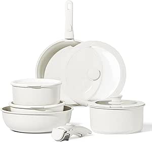 CAROTE 11 Piece Pots and Pans Set, Nonstick Cookware Set Detachable Handle, Non Stick Kitchen Cookware Sets with Removable Handle, White