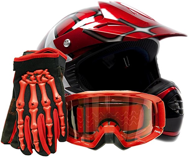 Youth Kids Offroad Gear Combo Helmet Gloves Goggles DOT Motocross ATV Dirt Bike MX Spiderman Red, Medium