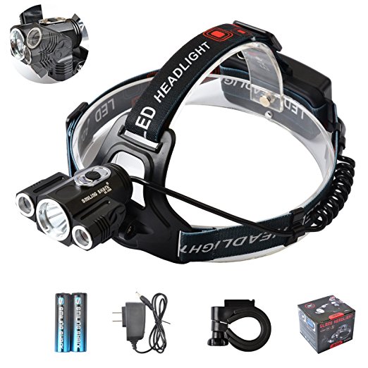 Smiling Shark Brightest 5000 Lumen Headlamp Flashlight, 1 CREE T6 and 2 CREE Q5 LED Headlight Torch, Rechargeable 18650 Batteries, Charger, Bicycle Clip