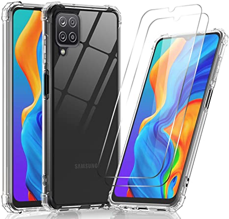 LeYi Case for Samsung Galaxy A12 and Screen Protector Tempered Glass [2 pack],Armour Shockproof Cover Crystal Clear Slim Soft Silicone Protective TPU bumper Phone Case for A12 Clear