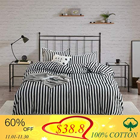 Wellboo Black and White Striped Bedding Sets Twin Cotton Covers Teens Women Men Vertical Stripe Bedding Sets Black Striped Quilt Covers Soft Hotel Luxury Duvet Covers Breathable Soft Health No Insert