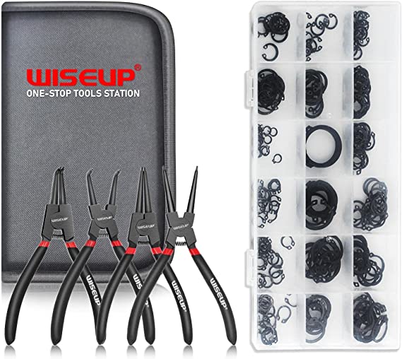WISEUP Pliers Set,170mm 4PCS Circlip Pliers and 225PCS Circlips, Anti-Rust, Anti-Bending and Labor-Saving Split Ring Pliers, Mechanic Tools with Storage Bag