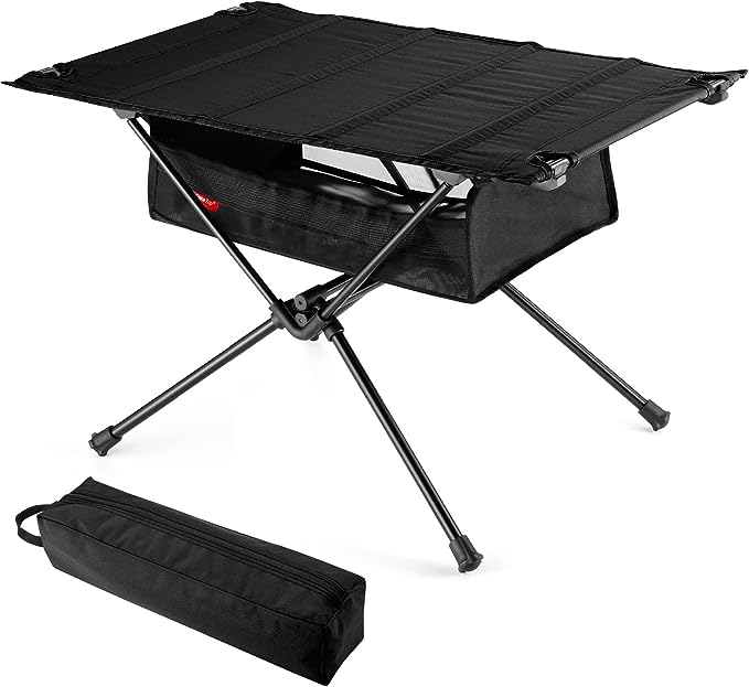 Odoland Outdoor Folding Table with Mesh Storage Portable Camping Gear with Carry Bag for Overland Kitchen Camping Gadgets Picnic Hiking Backpacking Black