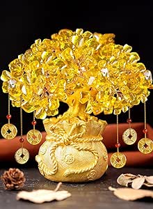 Feng Shui Golden Crystal Gemstone Money Tree with Dragon Pot Citrine Tree Hangs Lucky Cold Coins Bonsai Style Decoration for Tabletop Decoration Home Office Store (Gold)