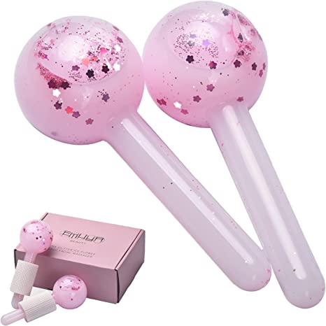 Emuya Ice Globes for Facials – Facial Tools for Face & Eye Puffiness Relief, Cool Skincare Cryo Sticks in Cooling Glass | Pink Drink Glitter