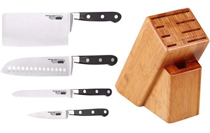 Cooks Standard 5 Piece Asian Gourmet Chef Knife Set with Expandable Bamboo Block, Stainless Steel