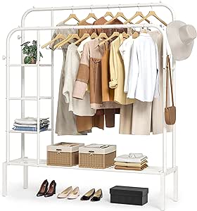 JOISCOPE Double Rods Portable Garment Rack for Hanging clothes, 49.6 * 62.2 Inch Metal Clothing Rack with Bottom Shelves and 4 Hooks,Freestanding Clothes Rack for Bedroom,Space Saving, White