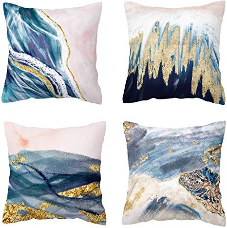 BLUETTEK Printed Abstract Blush, Blue and Turquoise Color Decorative Throw Pillow Covers, Soft Velvet Accent Cushion Cases 45cm x 45cm (Blush & Blue Waves)